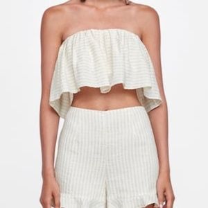 ZARA SHORT RUFFLED STRAPLESS STRIPES TOP